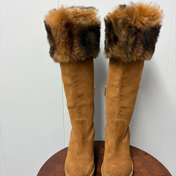 UGG Valberg Chestnut Suede and Fur Tall Wedge Boots Women's Size 6 - Picture 2 of 14